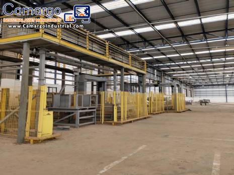 Automatic palletizer with Gebo Sidel interleaved pallet product feeder and Robopac stretch film applicator